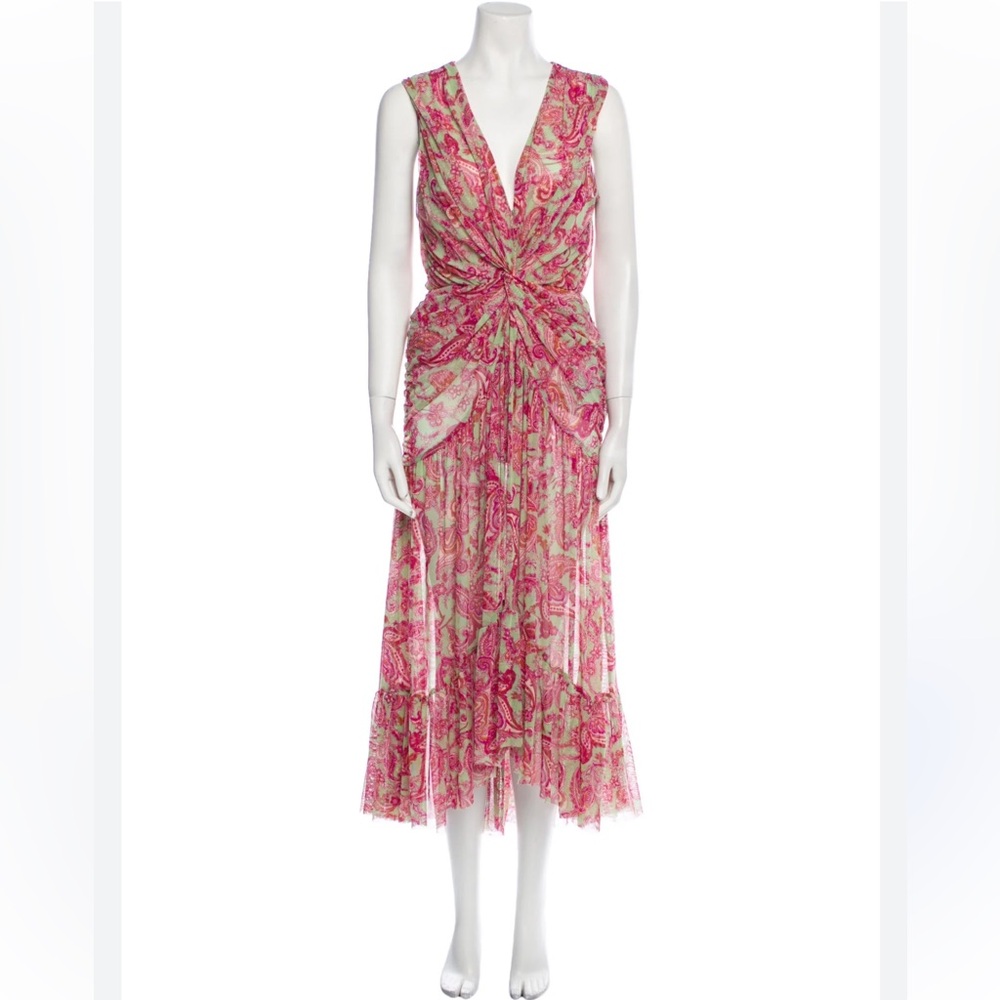 Misa Los Angeles Ava Floral Pink and green paisley gathered ruched stretch Dress - Picture 2 of 9